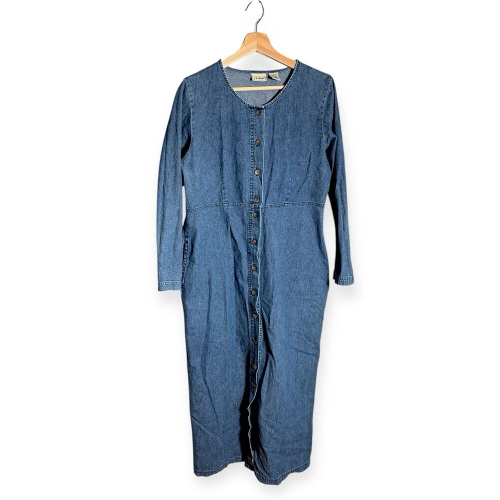 Vintage L.L.Bean Denim Button Front Dress Women’s Cotton Pockets Long Sleeve 12
